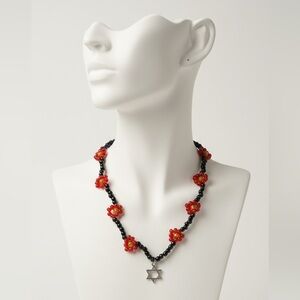 Handcrafted Floral Star Choker | Symbolic Red & Black Beadwork Statement